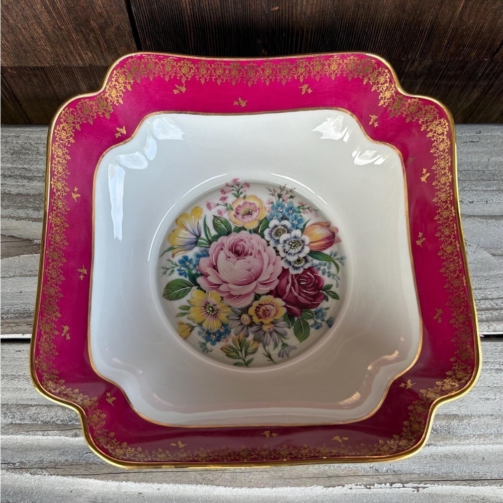 Vintage French Floral Pink Ornate Square Bowl with Gold Trim. Limogues France - Picture 8 of 11